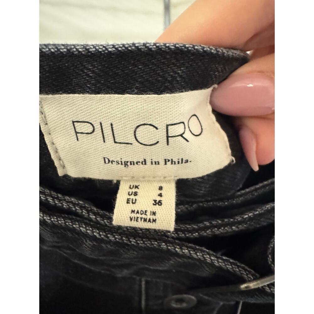 Pilcro Anthropologie Black Denim Button Front Mini Skirt Belted Size 4 - Picture 2 of 11